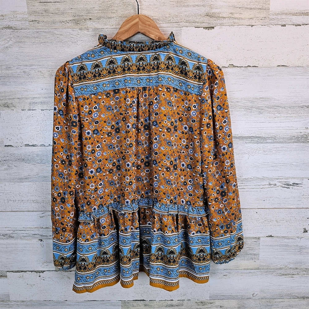 Current Air Boho Folk Floral Ruffle Neck Peasant Blouse Medium Tiered Hem - Picture 5 of 15